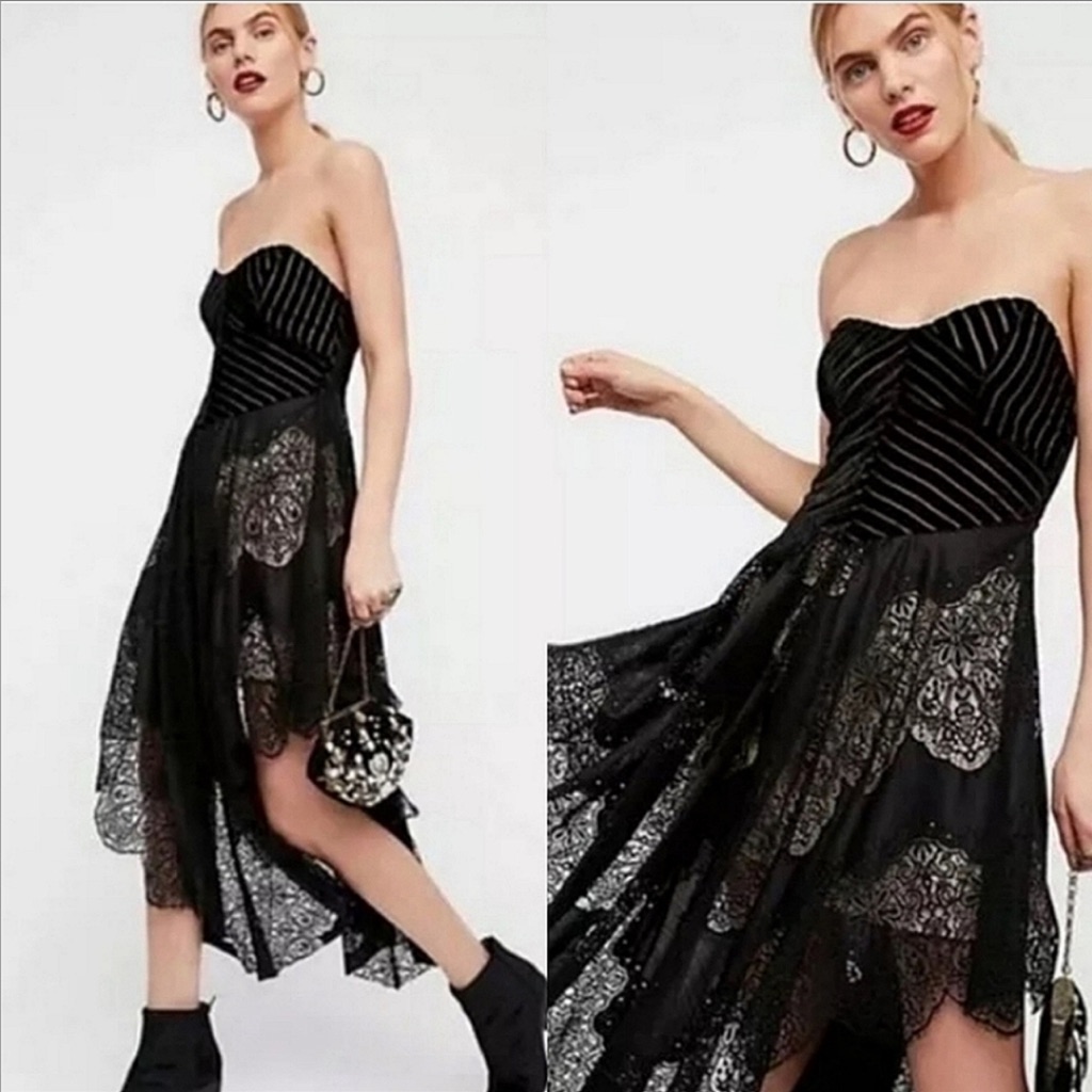 Free People Dark Fairy Lace And Velvet Dress With Asymmetrical Hem Line Euc Sz 6
